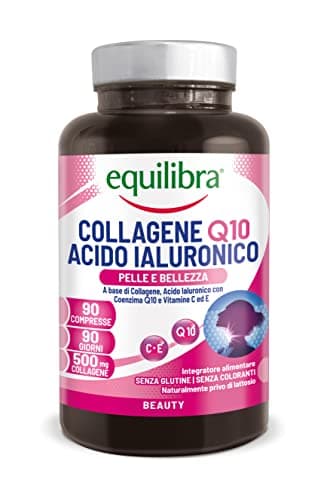 Equilibra Integratori Alimentari, Collagene Q10 Acido Ialuronico, Benessere e Bellezza della Pelle, a Base di Collagene Idrolizzato, Acido Ialuronico, Coenzima Q10, Vitamine C ed E, 90 Compresse