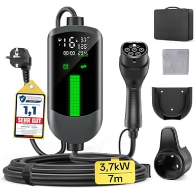 Colonnina Ricarica Auto Elettrica Wallbox - 3,7kW/7M/6-16A Carichino Auto Elettrica Portatile con LCD Digitale e Supporto, Caricabatterie Ritardato, IP65, Compatibile con EVs(IEC 62196-2) & PHEVS
