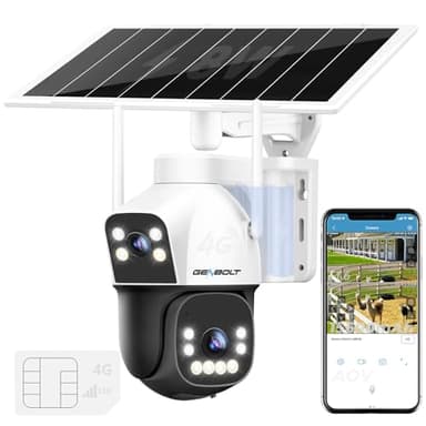 GENBOLT 4G AOV Solare Telecamera Esterno Senza Fili di Sicurezza Esterni, Registrazione 7/24 3MP+3MP IP Videocamera Sorveglianza con Rilevamento AI a SIM Card, CCTV Camera Batteria 8W 15600mAh