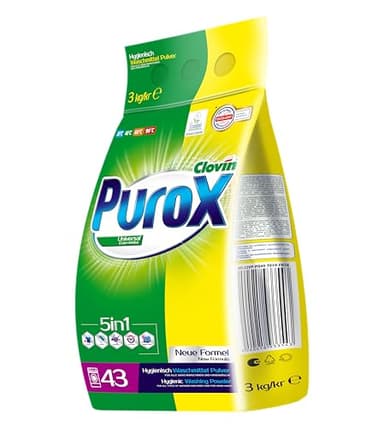 PUROX UNIVERSAL Detersivo Lavatrice Polvere (43 Lavaggi) – Per tutti i tessuti, rimuove le macchie, ecologico, protezione anticalcare, sacco da 3 kg