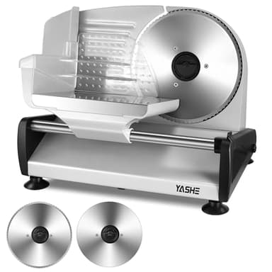 YASHE Affettatrice Elettrica, Affettatrice da Carne e Pane da 250W con Lame Seghettate e Lisce da 19 cm, Spessore Regolabile (0–15 mm), Blocco di Sicurezza, Piedini Antiscivolo, Facile da Pulire