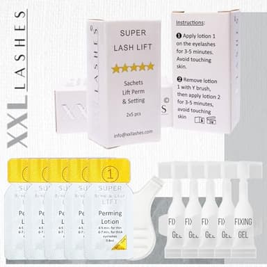 10 dosi individuali lifting di ciglia e sopracciglia, 5 bustine gel permanente e 5 mini tubetti lozione fissante per sollevamento ciglia, laminazione sopracciglia, tempo reazione 2-5 min, vegano