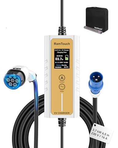 RamTouch Caricatore Auto Elettriche (3,7 kW, 6,5 m, Tipo 2, CEE 16A) - Cavo Ricarica Auto Elettrica con Corrente Regolabile 6A-16A, Ricarica Ritardata/Programmata, Wallbox Portatile per EV e PHEV