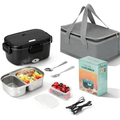 VINATO Scaldavivande Elettrico Portatile 1.5L, Porta Pranzo Elettrico 60W,Lunch Box Elettrico,Portavivande Elettrico per Auto/Ufficio, Con Forchetta/Cucchiaio E Borsa Termica