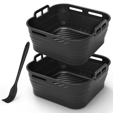 Alyvisun Teglia Silicone per Friggitrice ad Aria con Pennello per Olio, 2 Pezzi Contenitori Teglie Air Fryer Stampi Pirottini Contenitore Cestello Vaschette per Airfryer, Microonde, Forno (Nero)