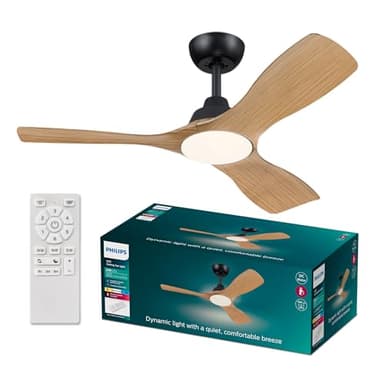 Philips Olas Ventilatore, 3 Pale, Luce LED 24W, Motore DC, 3 temperature di Colore (3000K-4300K-6500K), 106 cm, Dimmerabile, Nero, con telecomando