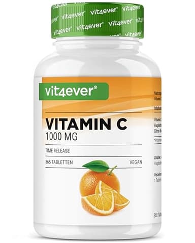 Vitamina C 1000mg - 365 compresse in un anno di fornitura - Effetto Rilasciato nel Tempo - Vitamina C + Estratto di Rosa Canina + Bioflavonoidi di Agrumi - Vegan