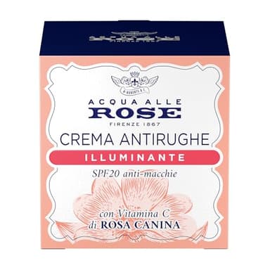 Acqua alle Rose, Crema Viso Antirughe Illuminante con Vitamina C di Rosa Canina, Ideale per le Pelli Spente o Opache, Azione Antiossidante, Antimacchie e Illuminante, con SPF20 - 50 ml