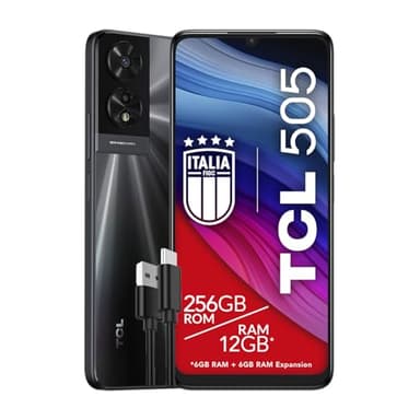 TCL 505 Smartphone 4G Display 6.75 HD+ 90Hz, 256GB, 12GB RAM, 6+6GB RAM expansion, 50Mp Hybrid Camera, Android 14, Batteria 5010 mAh, Dual Sim, Space Grey, Cavo USB Type-C Aggiuntivo