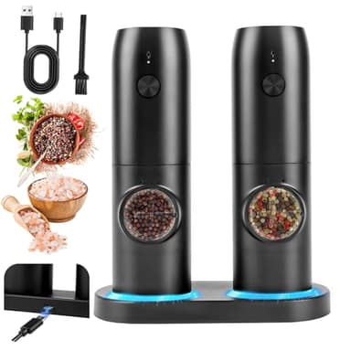 Set di 2 macinasale e pepe elettrico con base ricaricabile, macinaspezie con doppia stazione di ricarica, spazzola, luce LED bianca, macinazione automatica per barbecue, ristorante cucina