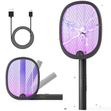 YISSVIC Racchetta Zanzare Elettrica 3 in 1 Pieghevole 4000V con USB Ricaricabile 1800mAh e LED Trappola per Zanzare Adatto per Interni ed Esterni Nero
