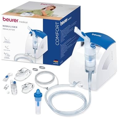 Beurer IH 26 Aerosol ad Aria Compressa Con Doccia Nasale E Accessori Completi Inclusi, Bianco/Blu, ‎16.6 x 14.8 x 14.1 cm, Tempo di inalazione breve e pressione di esercizio di 0.8 - 1.45 bar