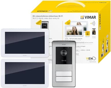 VIMAR K42946 Kit videocitofono WIFI multifamiliare, videocitofoni touch screen, targa lettore RFID 2 pulsanti, alimentatore multispina, staffe per fissaggio