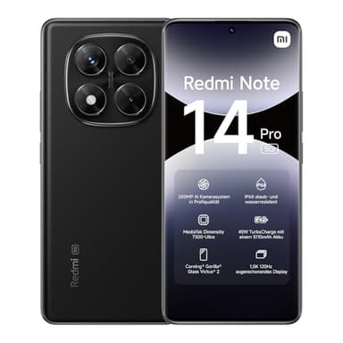 Xiaomi Smartphone Redmi Note 14 Pro 5G, 8+256GB, Nero, Fotocamera AI di grado professionale da 200 MP, IP68, ricarica turbo da 45 W con batteria da 5110 mAh, funzioni AI (caricabatterie non incluso),