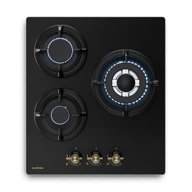 Klarstein Victoria Piano Cottura Gas 3 Fuochi, 6050W, 45cm, Vetro, GPL & Metano, Accensione Elettrica, Sicurezza Fiamma, Stile Retrò, Fornello a Gas, Kit Incluso, Nero