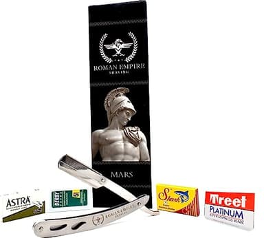 Rasoio a Mano Libera Mars di Roman Empire Shaving | Rasoio per Uomo Professionale da Barbiere per Barba, Baffi e Contorni con Set di 20 Lamette (Astra-Derby-Shark-Treet)