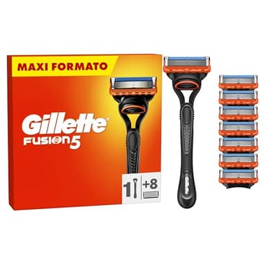 Gillette Rasoio Barba Manuale + 8 Lamette Gillette Fusion 5, LAMETTE DA BARBA Di Ricambio a 5 Lame e Rasoio Manuale Fusion 5, Rasatura Scorrevole con Striscia Lubrificante