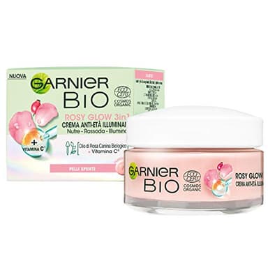 Garnier Bio Rosy Glow, Crema Rosa Idratante 3-in-1, Azione Nutriente, Rassodante e Illuminante, Arricchita con Olio di Rosa Canina Bio e Vitamina C, Formula Vegana, 50 ml