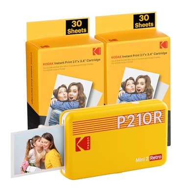 KODAK Mini 2 Retro 4PASS Stampante Fotografica Portatile (5.3x8.6cm) + Pacchetto con 68 Fogli, Giallo