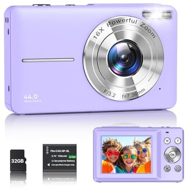 Macchina Fotografica Digitale 1080P Fotocamera 44MP Macchina Fotografica Compatta con Schermo LCD da 2,4", Zoom Digitale 16x, Scheda di Memoria Micro 32G, 1 Batteria per Bambini, Adolescenti - Violet