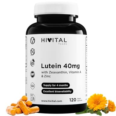 Luteina 40 mg. 120 capsule vegane per 4 mesi di trattamento. Estratto Naturale di Fiori di Calendula con 40mg di Luteina pura, 8mg di Zeaxantina, Vitamina A e Zinco. Prodotto in Europa da HIVITAL