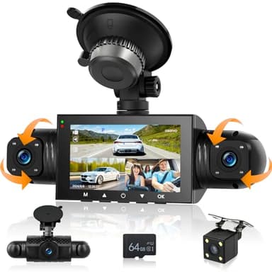 Podofo Mirror Dash Cam 4 canali anteriore posteriore, telecamera per specchietto retrovisore con 64GB Card/G-Sensor/Parking Monitoring/Night Vision/24H Parking Mode + telecamera posteriore impermeabil