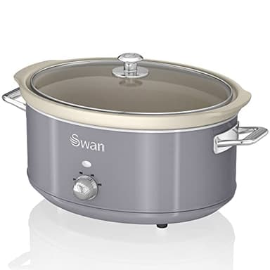 Swan Retro SF17031GRNEU Pentola Cottura Lenta 6,5L Contenitore Estraibile, Antiaderente Ceramica Libera PFOA e PTFE, 3 Livelli Temperatura, Coperchio Vetro, Slow Cooker Design Vintage, Grigio, 320W