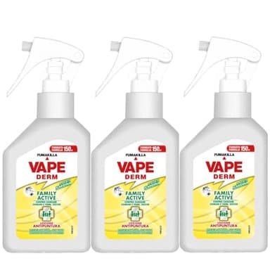 Vape Derm Family Active Lozione Antipuntura Contro Zanzare e Zecche a Base di Icaridina Spray 150 ml Uso Per Adulti e Bambini Efficace e Delicato (3 Unità)