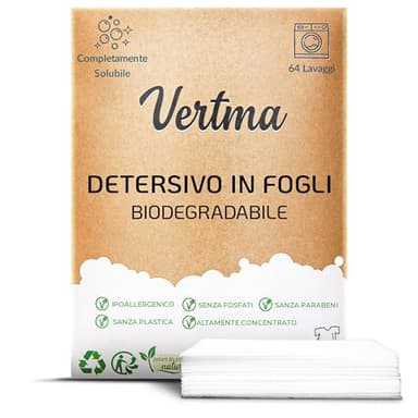 Vertma® Detersivo in fogli per lavatrice, Ipoallergenico, Biodegradabile (64 lavaggi) A Base di Piantes Efficace su Tutti i Tessuti, Detersivo Dei Bambini, Zero Rifiuti, Profumo Fresco