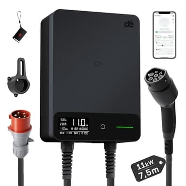 dé Wallbox 11kW [7,5m, 6-16A, Trifase] Colonnina Ricarica Auto Elettrica con APP e RFID e Supporto, EV Stazione di Ricaric con RCD Tipo B e Protezione IP54, per BEV/PHEV, Nero