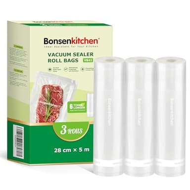 Bonsenkitchen Sacchetti Sottovuoto per Alimenti, 3 Rotoli 28 cm x 5 m, per Conservazione Sottovuoto Degli Alimenti e Cottura Sous Vide, Senza BPA, VB41