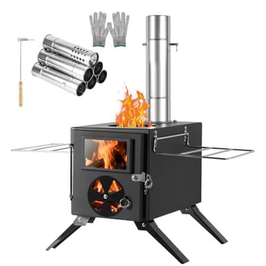 SOPPY Stufa a tenda, mini stufa a legna, portatile da campeggio, in acciaio inox, con tubi per camino, forno da officina, per tenda, giardino, campeggio, all'aperto, picnic, cucina, colore nero