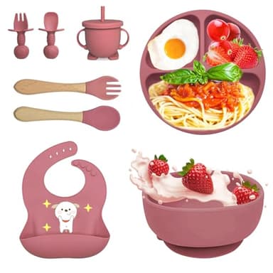 Bizcasa Set Pappa per Bambino, 8 Pezzi, Set Pappa Svezzamento per Bambini in Silicone, Senza BPA, Antiscivolo con Ventosa Piatto Ciotola Tazza Bavaglino (Rosa scuro)