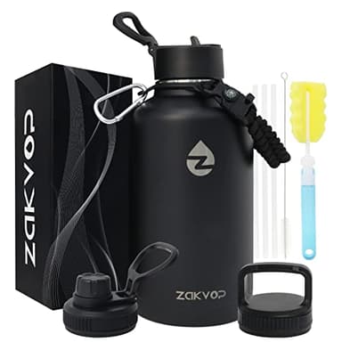 ZAKVOP Borraccia Termica 2 Litri con Cannucce e 3 Coperchi, Borraccia Acciaio Inox con Manico in Paracord, Bottiglia Termica con Spazzole per Palestra, Escursionismo, Campeggio (Nero)