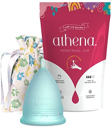 Coppetta Mestruale Athena Cup - Coppetta per Mestruazioni Ideale per Flusso Regolare e Intenso - Custodia Inclusa - Taglia 2, Blu Trasparente - Alternativa Naturale ad Assorbenti e Tamponi