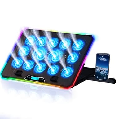 KLIM V14 Base di raffreddamento da Gaming per Notebook con 14 ventole + Nuovo + Stabile supporto RGB con ventole per portatile + Compatibile fino a 17" + 2 porte USB + Supporto per telefono