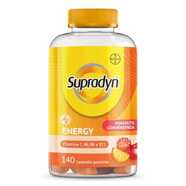 Supradyn Energy Multivitaminico Caramelle, Integratore Multivitaminico Completo, con Vitamine A, B, C, D, E e Coenzima Q10, 140 Caramelle Gommose Multivitaminiche Gusto Ciliegia, Lampone e Arancia