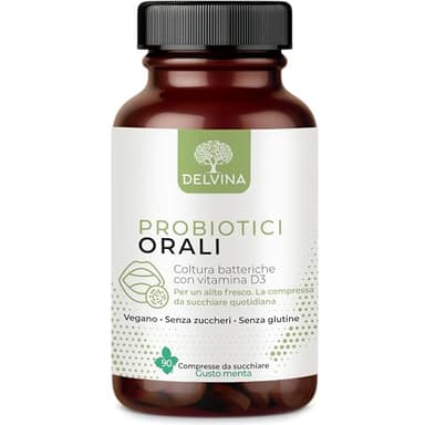 DELVINA Combatti l'Alitosi - 90 Pastiglie vegane per l'Igiene Orale senza Collutorio né Puliscilingua - Alito Fresco - Colture Batteriche con Vitamina D3 contro l'Alitosi, Menta, Scorta di 3 Mesi