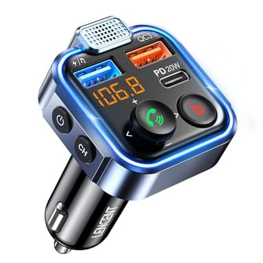 LENCENT Trasmettitore Bluetooth 5.0 per Auto, Musica Bluetooth Auto con Bassi Profondi e Suono Hi-Fi lossless, Ricarica Rapida Tipo-C PD 20W e QC3.0, Supporto Disco U-Luce Blu Sfumata