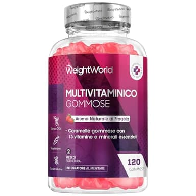 Multivitaminico Completo con 13 Vitamine e Minerali, Multivitaminico Donna e Uomo da 120 Gommose (2 Mesi di Fornitura), al Gusto di Fragola, con Vitamina C, D3, Gruppo B, E, A, Zinco, Iodio e Colina