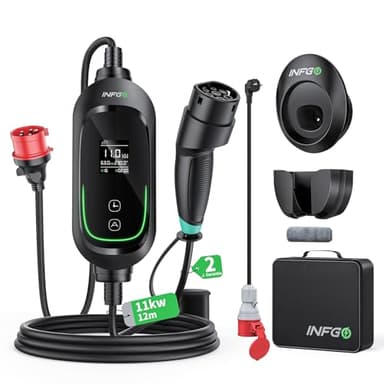INFGO Mobile Wallbox 11 kW [3 fasi, 12 m, 6-16 A], caricatore EV con potenza di ricarica regolabile e funzione timer, tipo 2, cavo di ricarica CEE per modello Y/3, ID.3, i4, EQB, e-tron, ecc., Nero