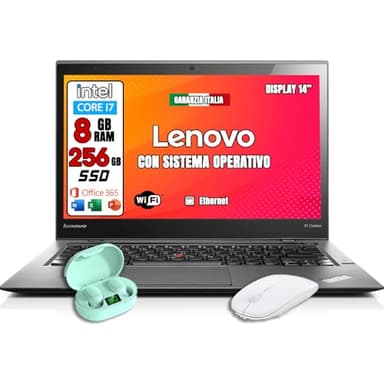 Lenovo Pc Portatile In Offerta X1 Carbon SUPER SLIM • Processore Intel Core i7 • Display 14" • Ram 8Gb • SSD 256Gb Sistema WIN 10 PRO + OFFICE 365 CON MOUSE + CUFFIE (Ricondizionato)
