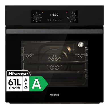 Hisense BI62220AB - Forno multifunzione, 2 manopole Push Pull, cavità 61l, 7 funzioni, AcquaClean, funzioni di cottura versatili, 2 vetri, area di cottura extra large, 250°, Classe A
