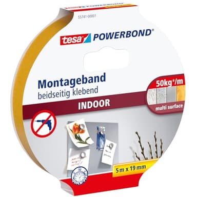 tesa Powerbond INDOOR - Nastro di montaggio biadesivo per interni - adesivo forte su entrambi i lati, per un montaggio permanente - 5 m