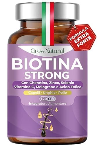 BIOTINA STRONG - Integratori per Capelli - Biotina Cheratina e Zinco - Vitamine per Crescita Capelli e anticaduta Donna e Uomo - 120 Compresse con Melograno, Vitamina C, Acido Folico e Selenio