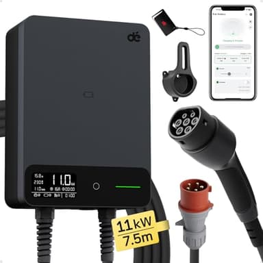 dé Wallbox 11kW [7,5m, 6-16A, Trifase] Colonnina Ricarica Auto Elettrica con App e RFID e Supporto, EV Stazione di Ricaric con RCD Tipo B e Protezione IP54, per BEV/PHEV, Nero