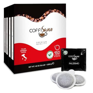 COFFISANO 150 Cialde Caffè in Filtro Carta Compostabile ESE 44 mm Miscela Palermo, Bustine Espresso Italiano Monodose – Gusto Intenso e Corposo