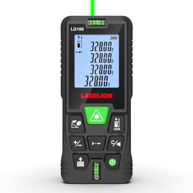 LASELION Metro Laser Professionale | Misuratore Laser Verde 100m con Cambio Unità m/in/ft, Livello a Bolla & Precisione ±1.6mm | Area/Volume/Pitagora, 100 Memorie | Design Antiscivolo + Borsa- LG100