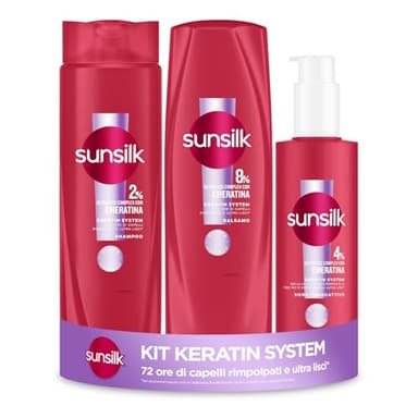 Sunsilk Kit Keratin System, Set Cura Capelli, con Shampoo 250ml, Balsamo Capelli 200ml, Siero 200ml, con Ultra Liss Complex con Cheratina, per 72 ore di Capelli Rimpolpati e Ultra Lisci*