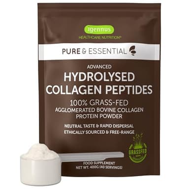 100% Collagene Idrolizzato Proveniente da Bovini Allevati ad Erba, 400gr, Peptidi di Collagene per Produrre Tipo 1, 2 e 3, Grass Fed, in Polvere e Non Aromatizzato, Non-OGM, 40 porzioni, Igennus